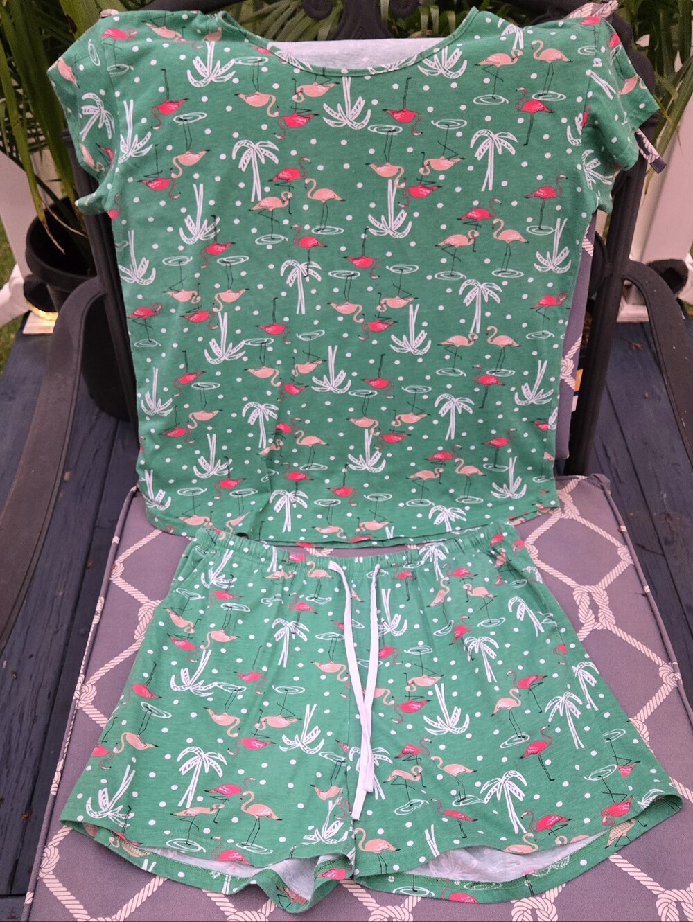 ENJOYNIGHT Green 2 Piece Pink Flamingo Palm Tree Pajama Shorts Set w/ Pockets M